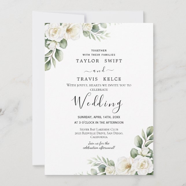 Invitación de boda floral blanca elegante (Anverso)