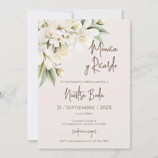 Invitación de boda floral blanca elegante (Anverso)
