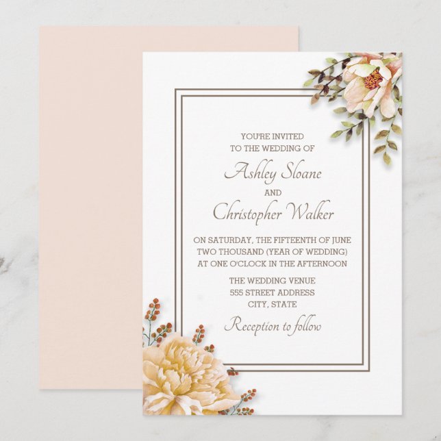 Invitación de boda floral blanca marfil champán (Anverso / Reverso)