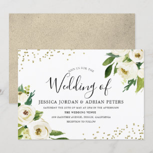 Invitación de boda floral blanca moderna dorada