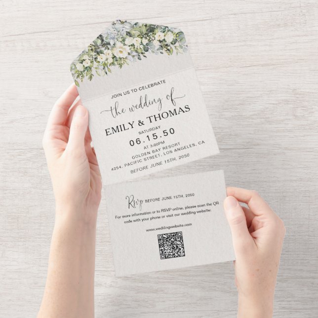Invitación de boda floral blanca todo en uno (desgarro)