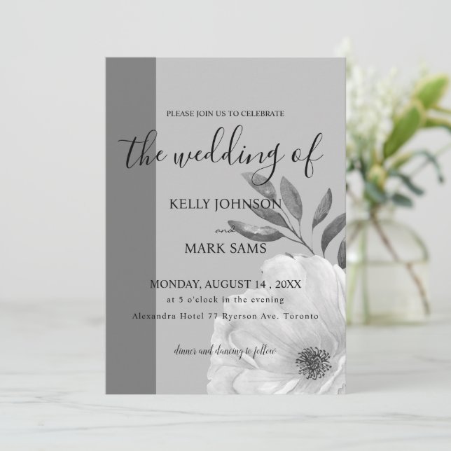 invitación de boda floral blanca y negra (Anverso de pie)