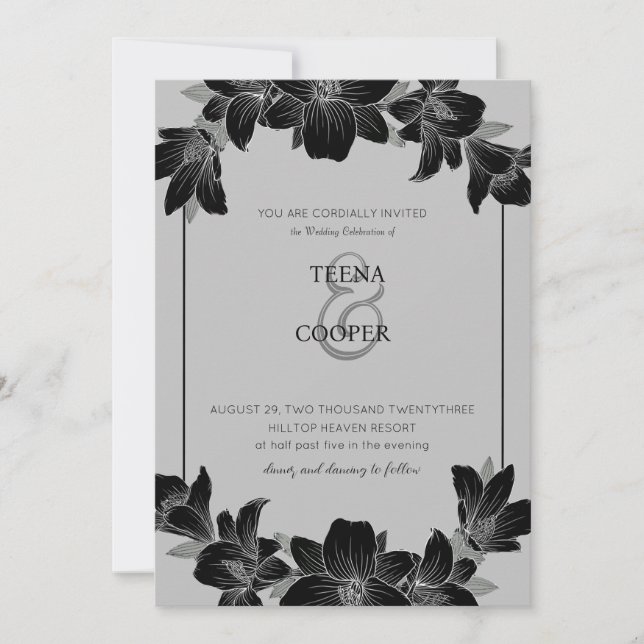 invitación de boda floral blanca y negra (Anverso)