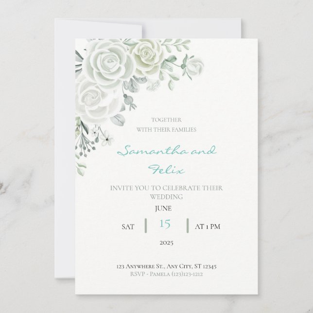 Invitación de boda floral blanca y verde (Anverso)