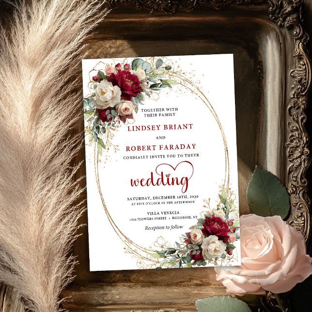 Invitación de boda floral bohemio de lujo en borgo (Luxury Burgundy Bohemian Floral Wedding Invitation)