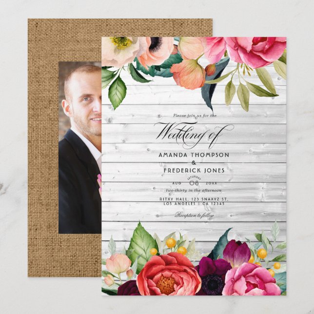 Invitación de boda floral bohemio rústico (Anverso / Reverso)