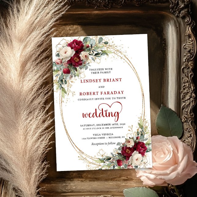 Invitación de boda floral bohemio rústico de Borgo (Burgundy Rustic Bohemian Floral Wedding Invite)