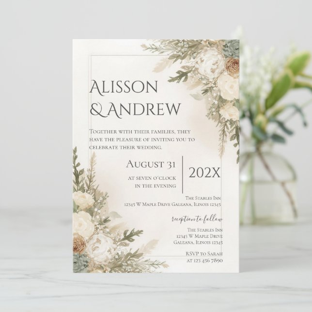 Invitación de boda floral boho (Anverso de pie)