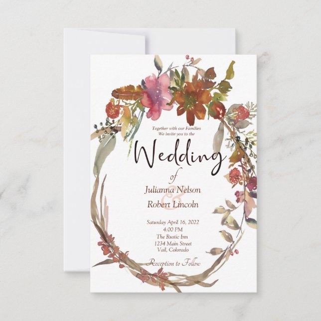 Invitación de boda floral boho acuarela (Anverso)