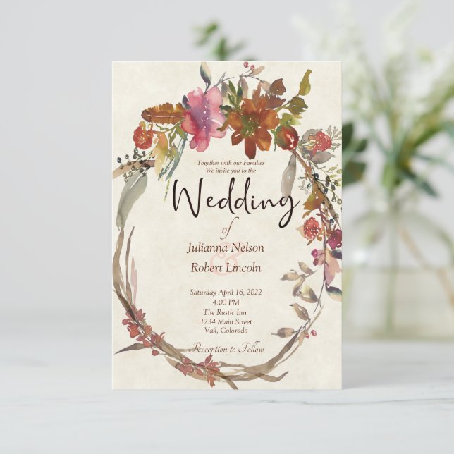Invitación de boda floral boho acuarela (Anverso de pie)