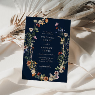 Invitación de boda floral boho azul marino