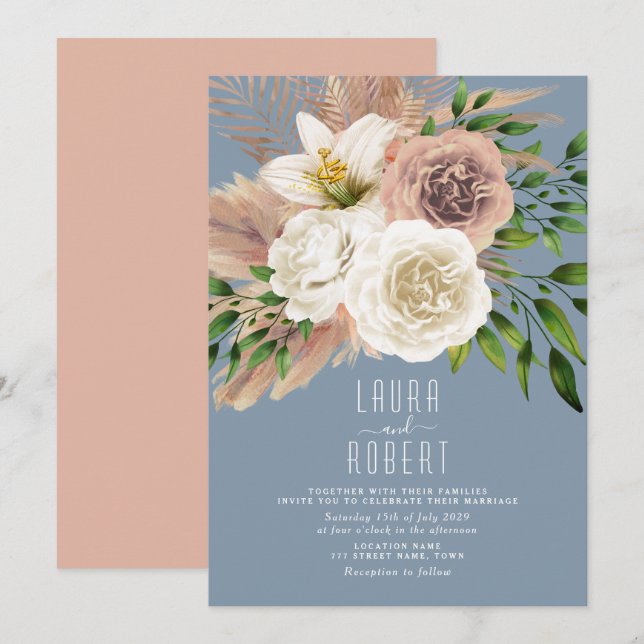 Invitación de boda floral boho azul polvoriento (Anverso / Reverso)