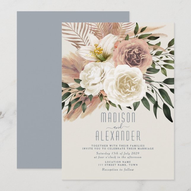 Invitación de boda floral boho azul polvoriento ro (Anverso / Reverso)