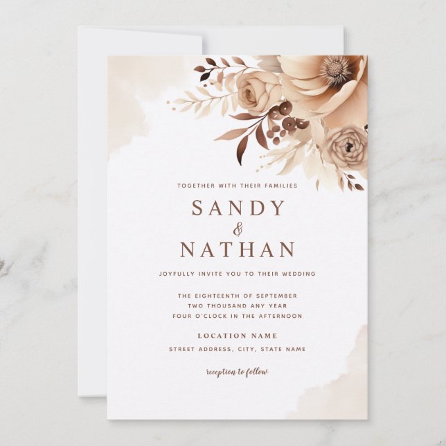 Invitación de boda floral boho beige (Anverso)