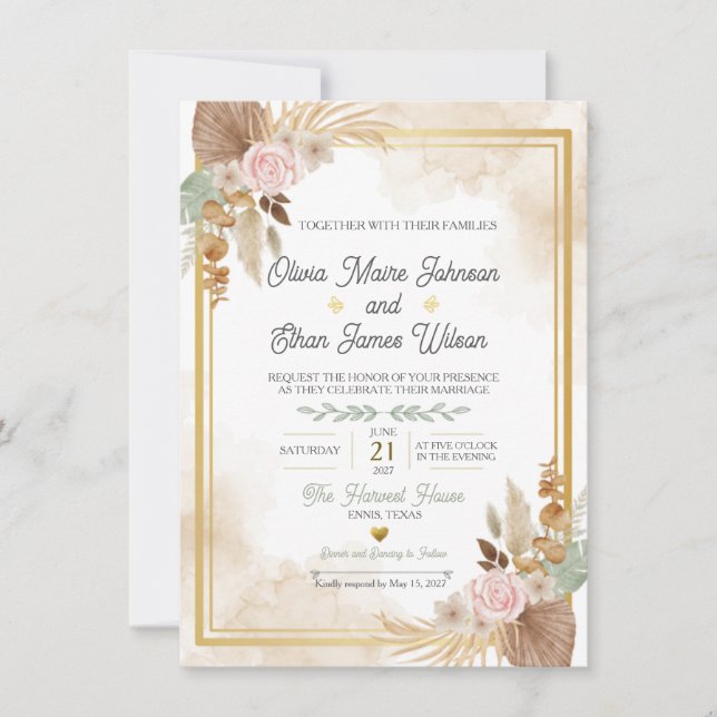 Invitación de boda floral Boho Blush (Anverso)