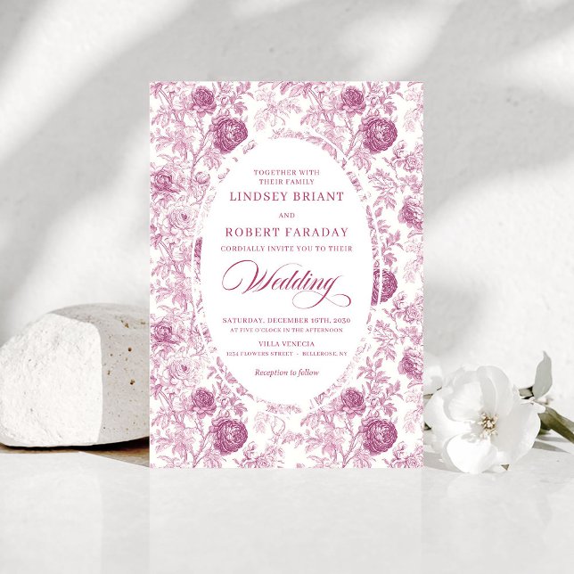 Invitación de boda floral Boho Blush Pink Toile  (Boho Blush Pink Toile Floral Wedding Invitation Design)