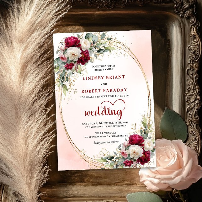 Invitación de boda floral boho borgoña con marco d (Burgundy Boho Floral Wedding Invitation Gold Frame)