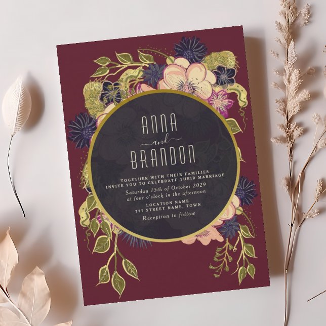 Invitación de boda floral boho borgoña marina (Subido por el creador)