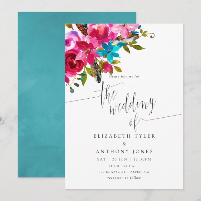Invitación de boda floral boho chic acuarela rosa (Anverso / Reverso)