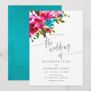 Invitación de boda floral boho chic acuarela rosa