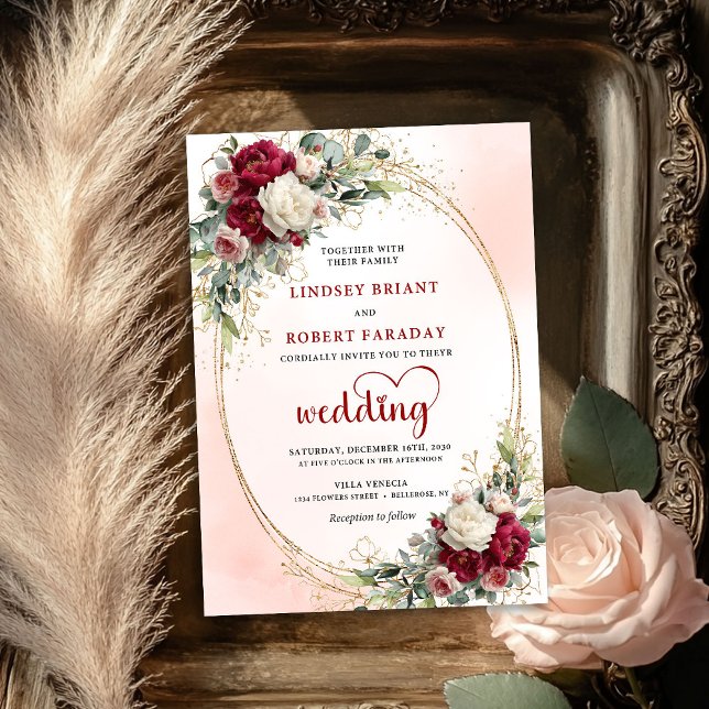 Invitación de boda floral boho chic burgundy de mo (Trendy Burgundy Boho Chic Floral Wedding Invite)