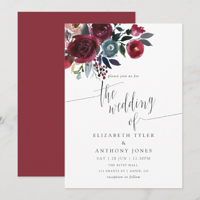 Invitación de boda floral Boho Chic Burgundy y Nav (Anverso / Reverso)