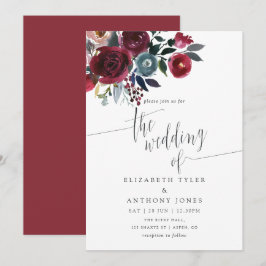 Invitación de boda floral Boho Chic Burgundy y Nav