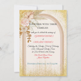 Invitación de boda floral boho con destellos dorad