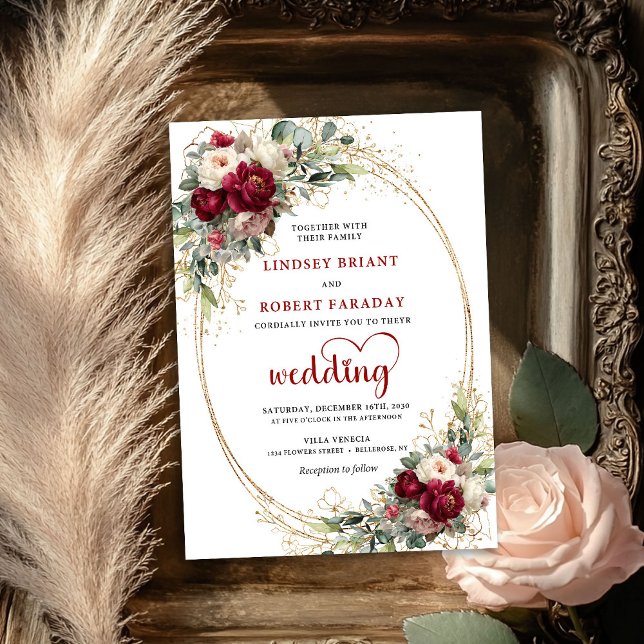 Invitación de boda floral boho de Borgoña moderna (Modern Burgundy Boho Floral Wedding Invitation)