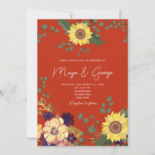 Invitación de boda floral boho de otoño (Anverso)