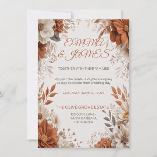 Invitación de boda floral boho de terracota y crem