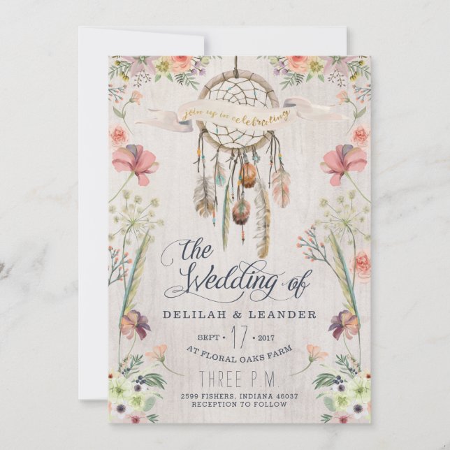 Invitación de boda floral Boho Dream Catcher (Anverso)