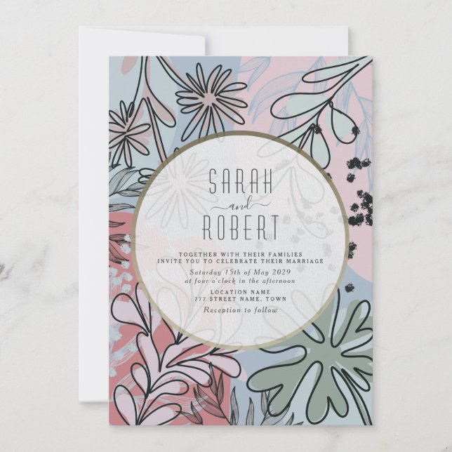 Invitación de boda floral boho dusty azul rosa (Anverso)
