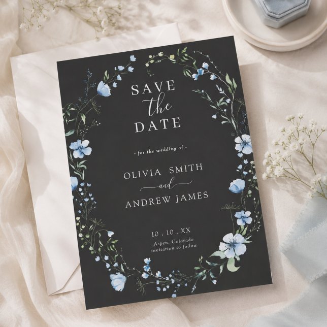 Invitación de boda floral boho negra | Azul melanc (Subido por el creador)
