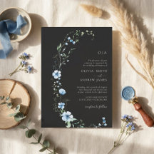 Invitación de boda floral boho negra | Azul melanc