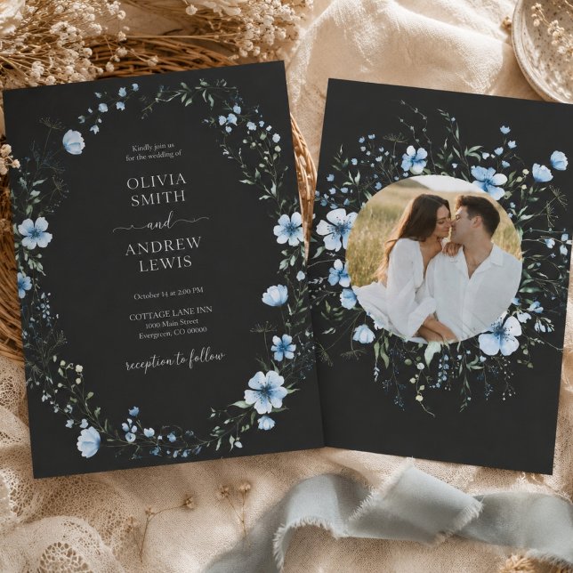 Invitación de boda floral boho negra | Azul melanc (Subido por el creador)