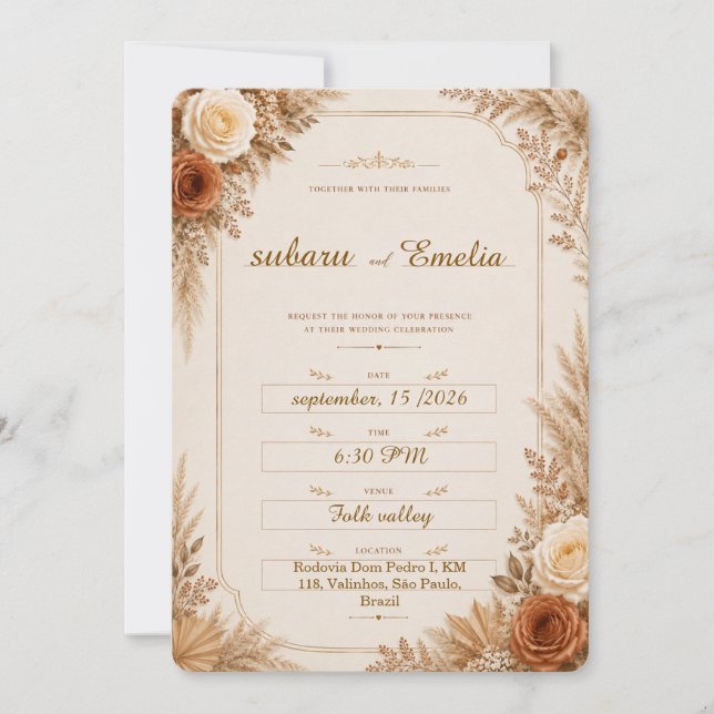 Invitación de boda floral boho neutral rústica (Anverso)