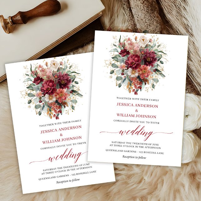 Invitación de boda floral boho otoño eucalipto Bor (Burgundy Eucalyptus Boho Autumn Floral Wedding Invite

)