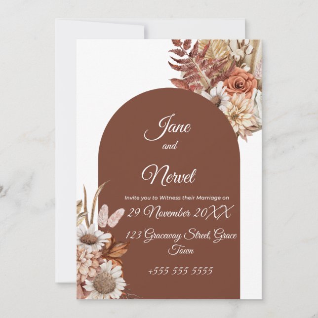 Invitación de boda floral boho Pampas (Anverso)
