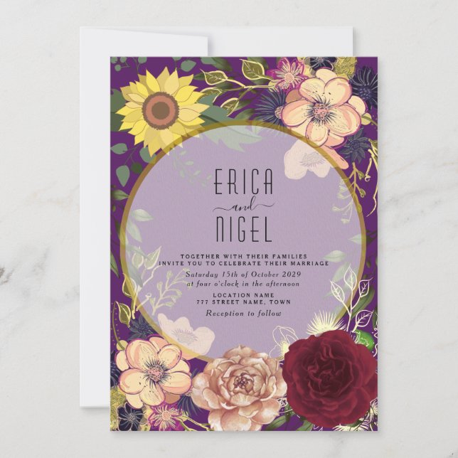 Invitación de boda floral boho púrpura (Anverso)