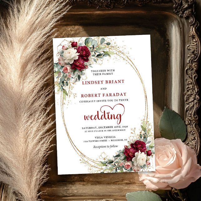 Invitación de boda floral boho refinada de Borgoña (Refined Burgundy Boho Floral Wedding Invitation)