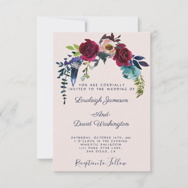 Invitación de boda floral boho roja (Anverso)