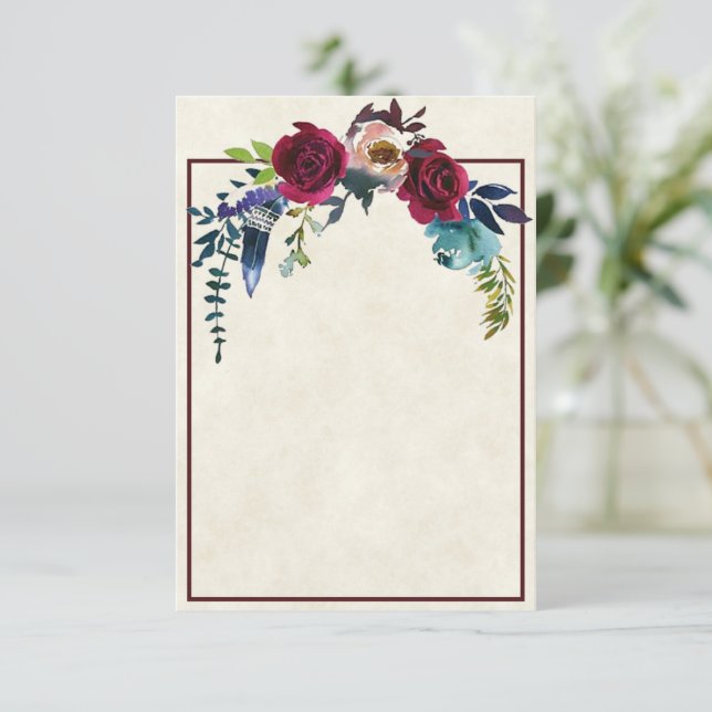 Invitación de boda floral boho roja con presupuest (Anverso de pie)