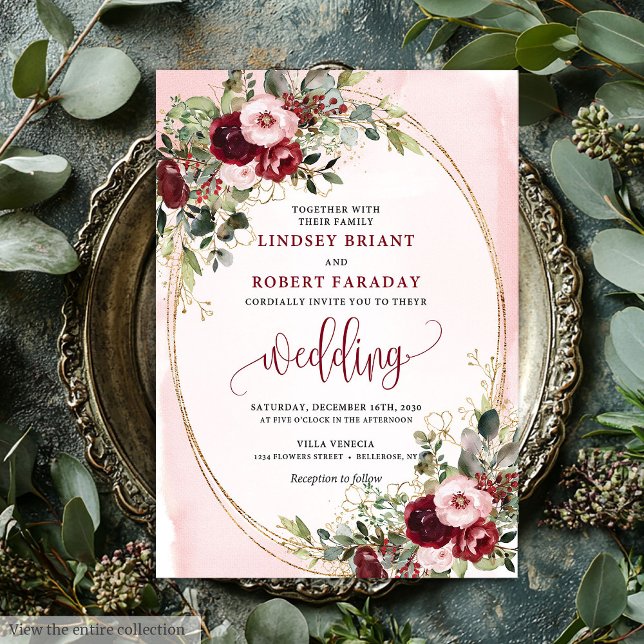 Invitación de boda floral boho romántico marsala d (Romantic Boho Marsala Gold Floral Wedding Invite)