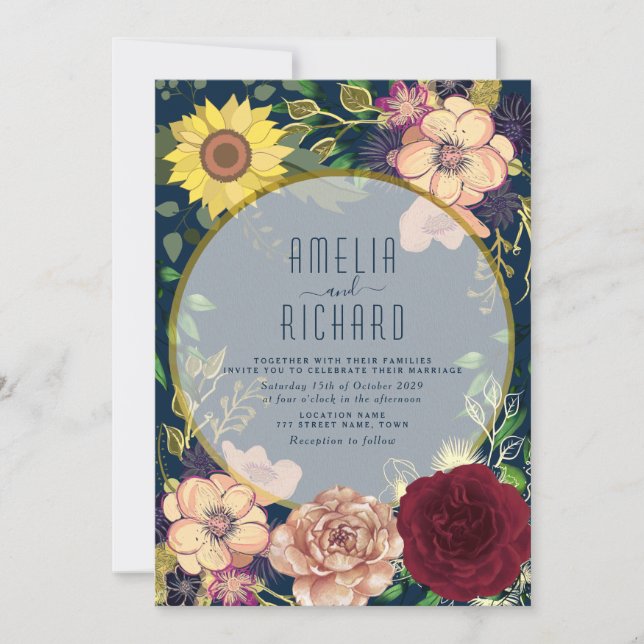 Invitación de boda floral boho rosa y azul marino (Anverso)