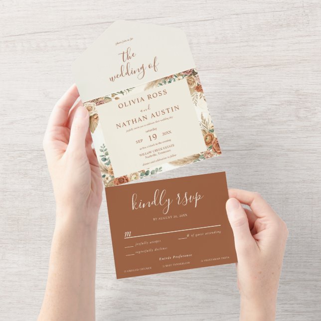 Invitación de boda floral boho RSVP todo en uno (desgarro)
