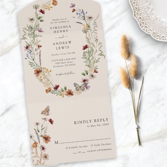Invitación de boda floral boho todo en uno (Boho Floral All in One Wedding Invite
)