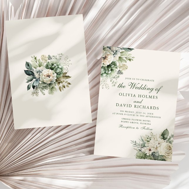Invitación de Boda Floral Boho Verde Salvia y Marf (Boho Sage Green and Ivory Floral Wedding Invitation on a sunny white dry palm leaf.)