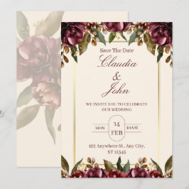 Invitación de boda floral borgoña