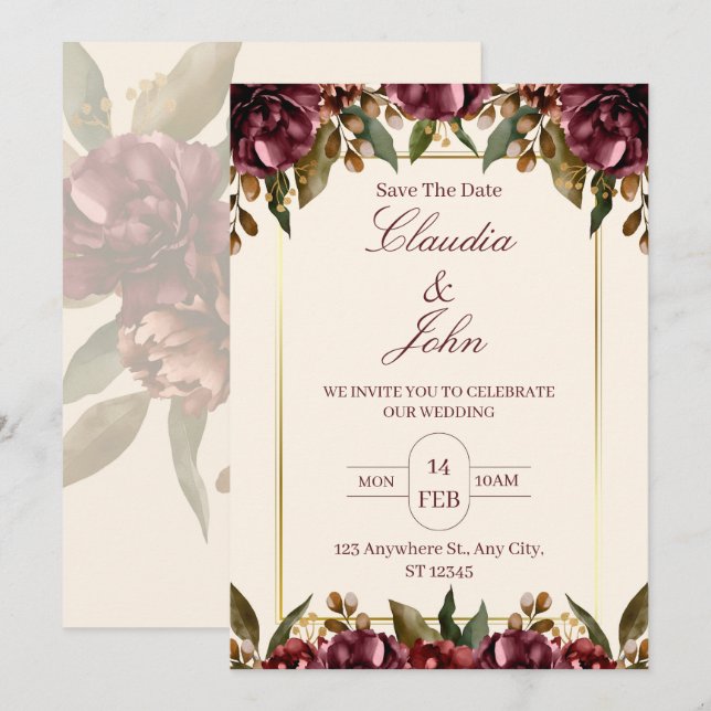 Invitación de boda floral borgoña (Anverso / Reverso)